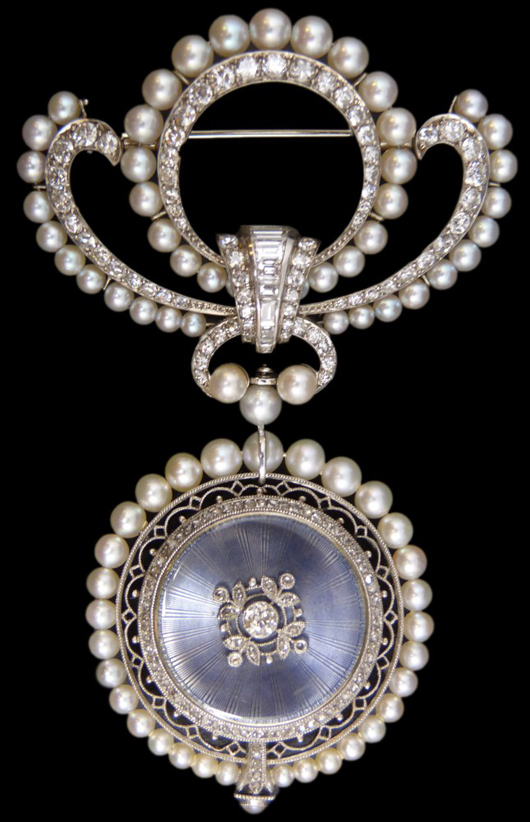 Beautiful ladies’ Patek Philippe platinum diamond and pearl lapel watch. Estimate: $20,000-$30,000. Image courtesy of Elite Decorative Arts.